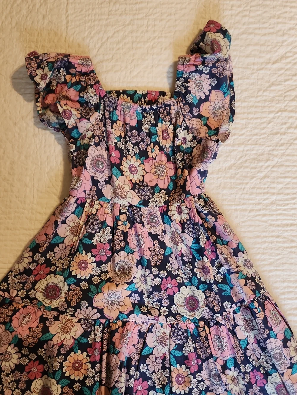 Girls Floral Ruffle-Sleeve Dress - Navy, Pink & Teal